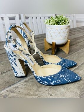 Jimmy Choo Micky 85 Coarse Glitter Ankle Block Heel Pumps Denim Mix Size 9 EU 40